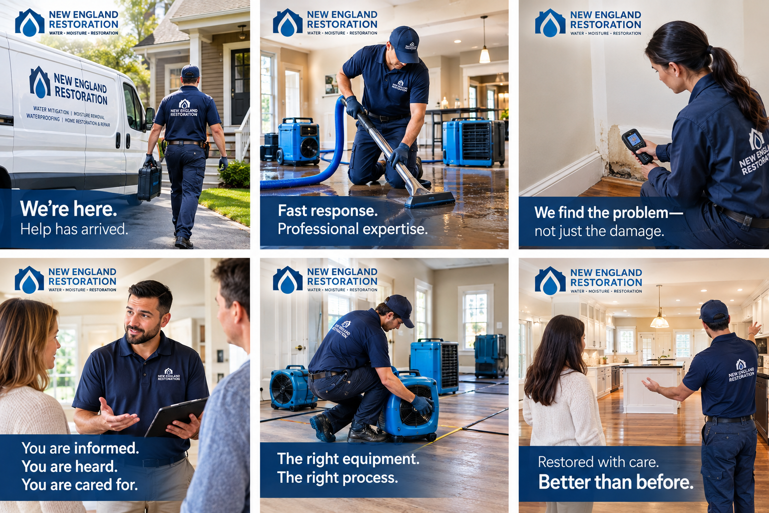 New England Restoration team in action — We're here. Fast response. We find the problem. You are informed. The right equipment. Restored with care.