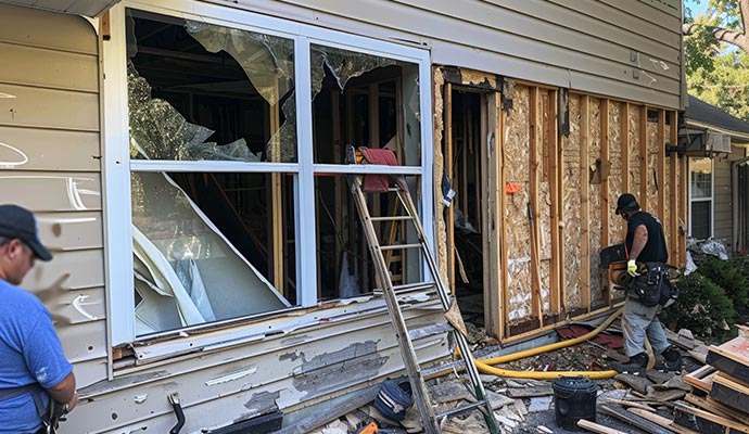 Workers repairing a home's severely damaged exterior wall