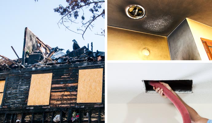Collage of board up service, soot damage and removing smoke from duct system