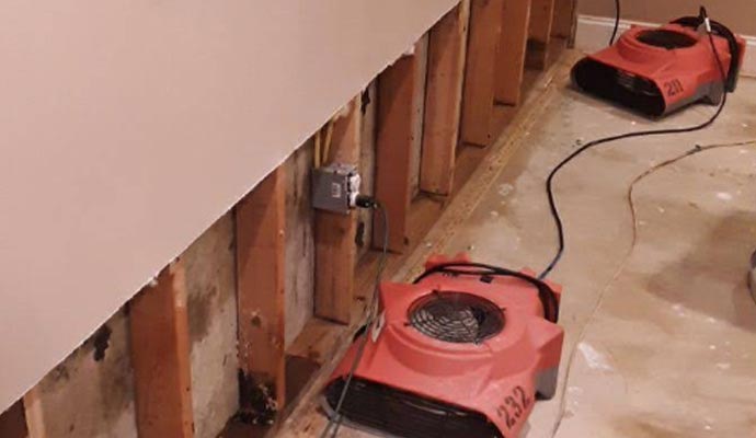 Fans drying a water-damaged wall with exposed studs