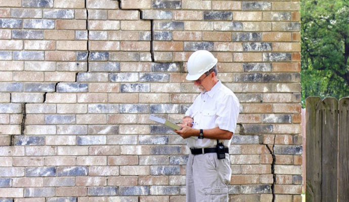 Professional worker inspecting structural damage for restoration purpose