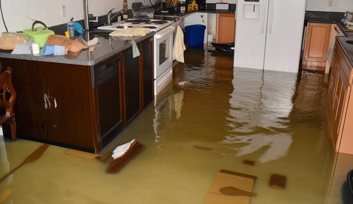 kitchen flooded with murky water and debris