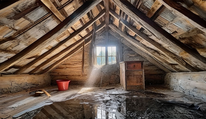 water damaged wooden attic