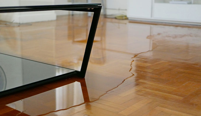 Close up view of a water damaged floor
