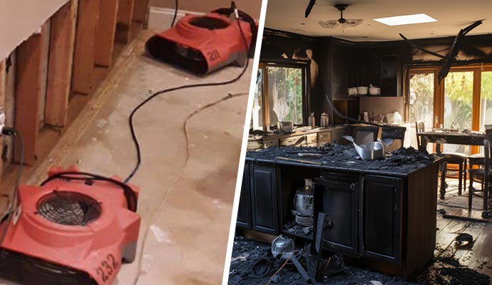 collage of water restoration and fire damaged room