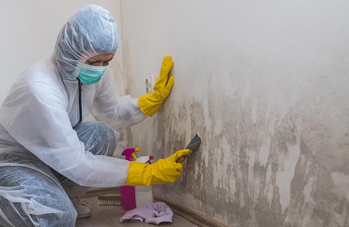 worker removing mold from wall